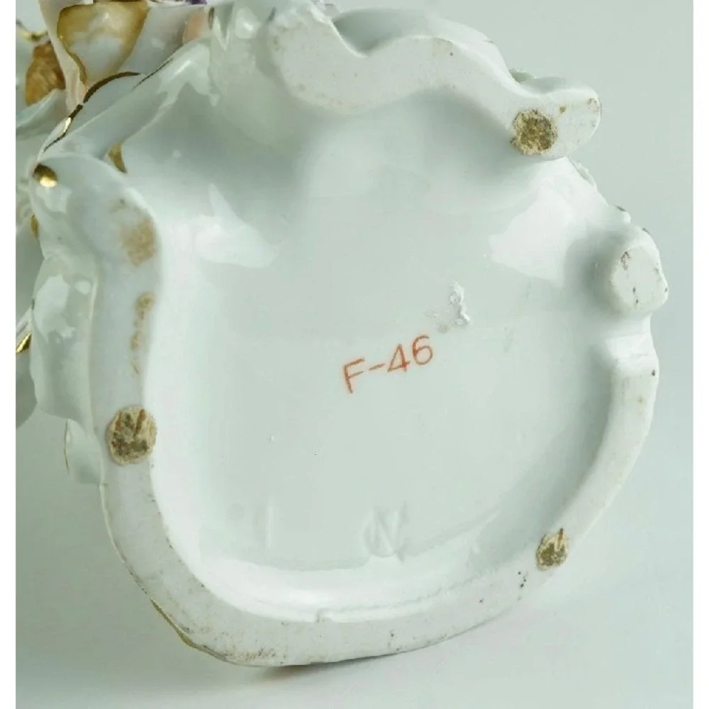Vintage Porcelain Cherub Cornucopia Vase F-46 Rococo Floral Gold Trim 9in